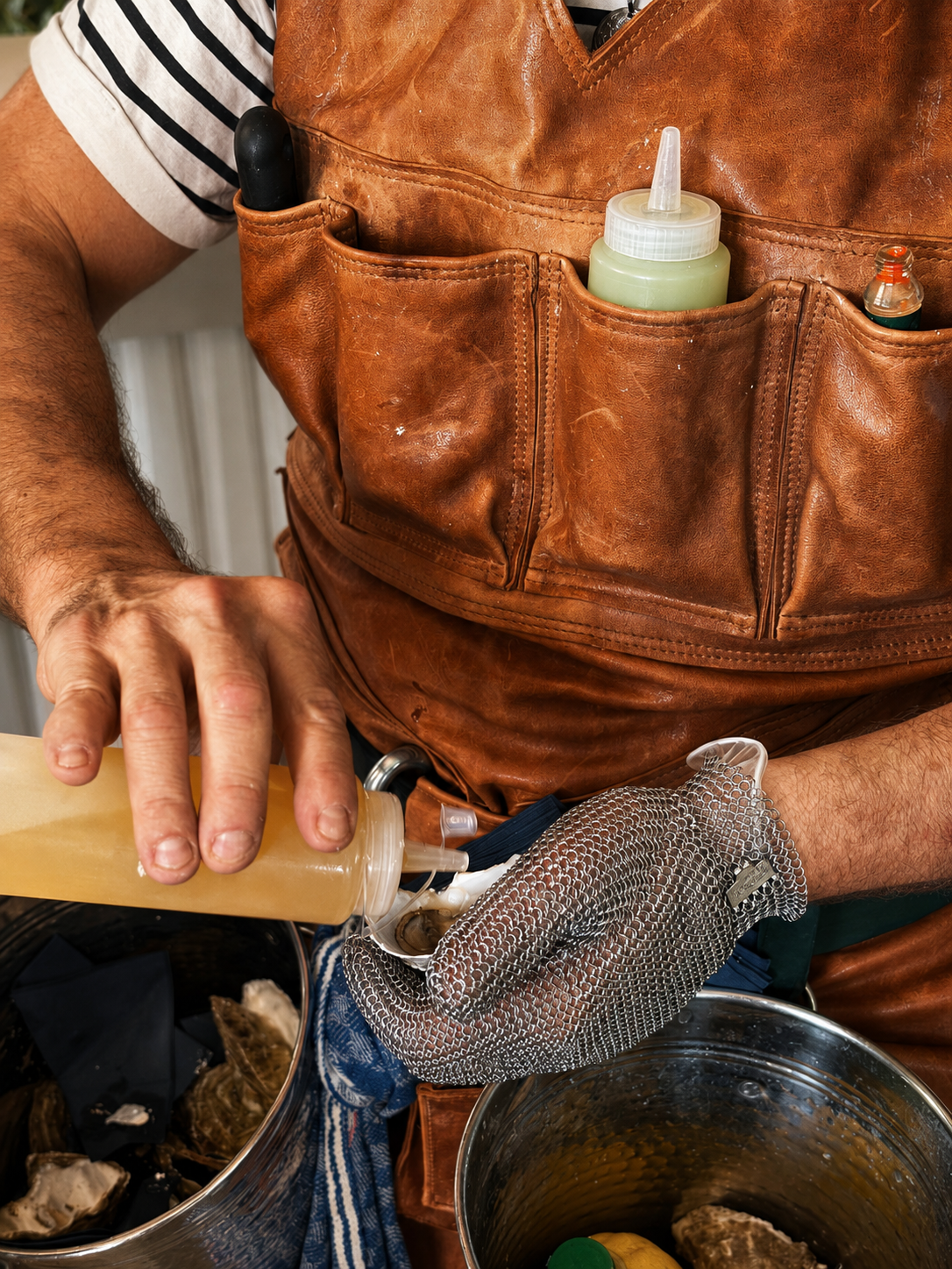 Live Opening einer Auster mit Lederschürze und Kettenhandschuh bei Oyster König